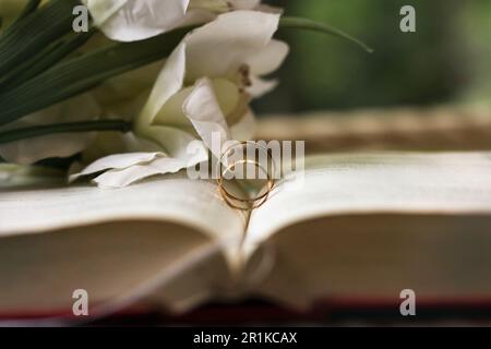 Eheringe liegen auf einer entfalteten bibel. Die Hochzeit zweier liebevoller Menschen. Symbolisches Foto Stockfoto