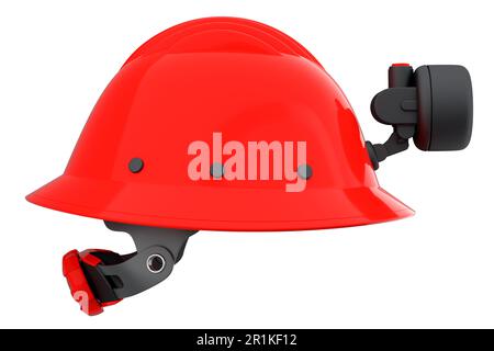 Roter Schutzhelm oder harte Kappe mit Taschenlampe isoliert auf weißem Hintergrund. 3D Darstellung und Darstellung von Kopfbedeckungen und Handyman-Werkzeugen Stockfoto