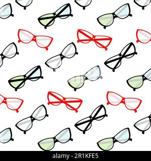Endloses Muster eleganter stilisierter Brillen mit klaren und mehrfarbigen Objektiven und Rahmen. Glücklicher Lehrertag. Design für Tapeten, Umschläge oder Verpackungen, Hintergrundstruktur, Preis oder Etikett. Vektor. EPS Stock Vektor
