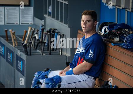 Los Angeles Dodgers Catcher will Smith (16) während eines MLB-Spiels gegen die San Diego Padres, Samstag, 13. Mai 2023, im Dodger Stadium, In Los Angeles Stockfoto