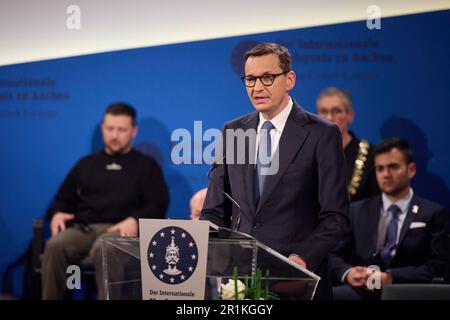 Aachen, Deutschland. 14. Mai 2023. Der polnische Ministerpräsident Mateusz Morawiecki spricht während der Verleihung des Internationalen Karlspreises Aachen 2023 (Karlspreis) an den Präsidenten und das ukrainische Volk am 14. Mai 2023 in Aachen. Der ukrainische Präsident Volodymyr Zelensky und das Volk seines Landes werden am Sonntag, den 14. Mai, in Aachen mit dem Internationalen Karlspreis ausgezeichnet. Foto: Pressestelle des ukrainischen Präsidenten/UPI Credit: UPI/Alamy Live News Stockfoto