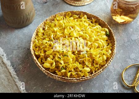 Gelbe Nesselblumen, die im Frühling gesammelt wurden. Pflanzliche Medizin. Stockfoto