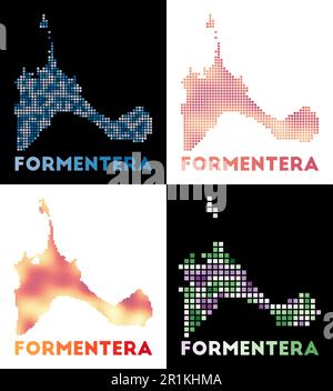 Formentera-Karte. Kartensammlung von Formentera im gepunkteten Stil. Die Inselgrenzen sind mit Rechtecken für Ihr Design gefüllt. Vektordarstellung. Stock Vektor