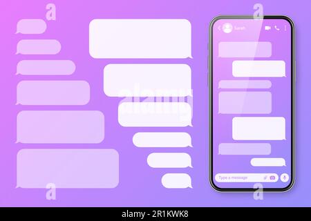 Realistisches Smartphone mit Messaging-App auf farbenfrohem violettem Hintergrund. Leerer SMS-Textrahmen. Chatbildschirm mit transparenten Bubbles für Nachrichten. Sozial Stock Vektor