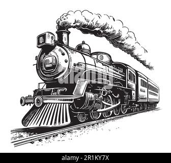 Dampflokomotive Vintage, handgemalte Zeichnung in Doodle-Stil-Illustration Stock Vektor