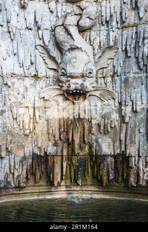 Am Biltmore Estate in Asheville, NC, USA, strömt ein grotesker Drachenfisch in einen Pool an einer Wand Stockfoto