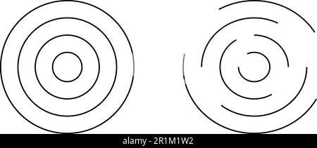 Kreisförmige Welligkeit. Konzentrische Kreise mit ganzen und unterbrochenen Linien, die auf weißem Hintergrund isoliert sind. Vortex, Sonarwelle, Schallwelle, Sonnenschein, Signal Stock Vektor