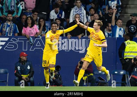 Cornella, Spanien. 14. Mai 2023. CORNELLA, SPANIEN - 14. MAI: .Alex Balde vom FC Barcelona feiert ein Tor während des Spiels La Liga zwischen RCD Espanyol und dem FC Barcelona im RCDE-Stadion am 14. Mai 2023 in Cornella, Spanien (Bild: © Gerard Franco/DAX via ZUMA Press Wire) REDAKTIONELLE VERWENDUNG! Nicht für den kommerziellen GEBRAUCH! Stockfoto