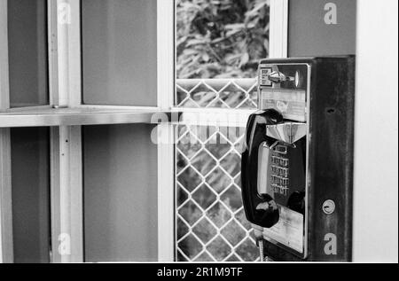 Ein altes, funktionierendes Münztelefon hängt an einem öffentlichen Rastplatz in New Hampshire. Dieses Bild wurde auf analogem Schwarzweißfilm aufgenommen. Stockfoto