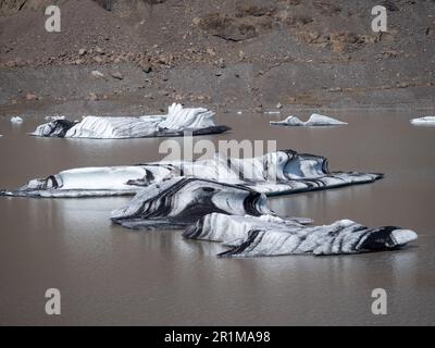 Eine malerische Szene eines ruhigen Sees mit mehreren großen, gebogenen und zerklüfteten Eisstücken, die im Wasser schweben Stockfoto