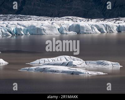 Eine malerische Szene eines ruhigen Sees mit mehreren großen, gebogenen und zerklüfteten Eisstücken, die im Wasser schweben Stockfoto