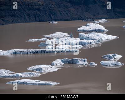 Eine malerische Szene eines ruhigen Sees mit mehreren großen, gebogenen und zerklüfteten Eisstücken, die im Wasser schweben Stockfoto