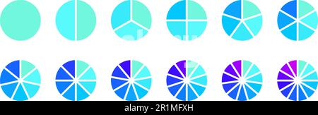 Collection „Kreissegmente“. Kreisdiagramme in blau-violetten Farben. Runde Schnitte und Scheiben werden verpackt. Von 1 bis 12 Segmenten von Infografiken. Verschiedene Phasen und Phasen des Zyklus. Vektorbündel Stock Vektor