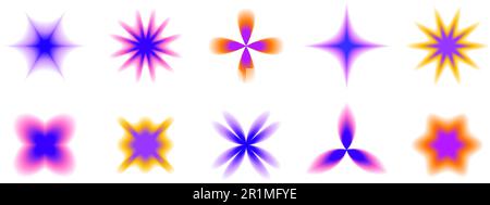 Y2K verschwommene Farbverläufe, Blumen und Sterne. Unscharfe Blüten-Aura-Kollektion. Farbenfrohe abstrakte, trendige Elemente für Logos, Vorlagen, Abzeichen, Aufkleber, Collagen. Vektorpaket Stock Vektor