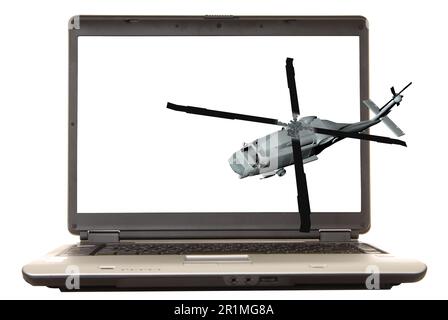 Laptop-Computer mit einem illustrierten Helikopter auf dem Bildschirm Stockfoto