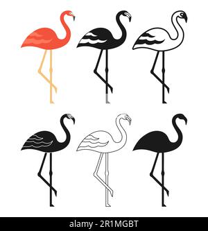 Set im Cartoon-Stil mit pinkem Flamingo-Vogel. Lustige tropische exotische Vögel süßes Sommersymbol, Line Doodle, Silhouette Kollektion. Flacher, moderner Charaktervogel, trendige Ikone. Einfache abstrakte Vektordarstellung Stock Vektor