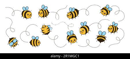 Bienenhonigfiguren fliegen auf einem Cartoon-Set mit gepunkteten Routen. Comics Kinder Honigbienen Insekten Maskottchen Figuren mit lustigen Gesichtern Retro-Design. Süße Vintage-Comic-Smiley-Streifen-Bienen kritzeln Vektorbilder Stock Vektor