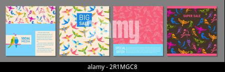 Trendiges Coverset mit Papageienmotiv oder quadratischem Cartoon-Design. Sommerflyer mit leuchtenden exotischen Vogelmustern, Notizbuchplaner. Broschüre Soziale Medien dekorativer hawaiianischer natürlicher Seitenvektorhintergrund Stock Vektor