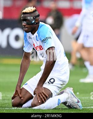 Monza, Italien. 14. Mai 2023. Victor Osimhen aus Neapel reagiert auf ein Fußballspiel der A-Serie zwischen Neapel und Monza am 14. Mai 2023 in Monza, Italien. Kredit: Alberto Lingria/Xinhua/Alamy Live News Stockfoto