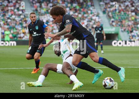 Elche, Spanien. 14. Mai 2023. Axel Witsel (R) von Atletico de Madrid wehrt sich mit Randy Nteka von Elche während des spanischen Fußballspiels La Liga zwischen Elche CF und Atletico de Madrid in Elche, Spanien, am 14. Mai 2023. Kredit: Str/Xinhua/Alamy Live News Stockfoto