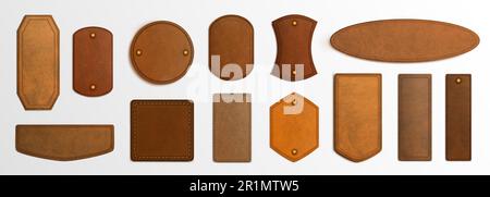Realistischer Satz von Etiketten aus echtem Leder, isoliert auf weißem Hintergrund. Vektordarstellung eines braunen Materialetiketts für Preis- oder Qualitätsinformationen über Kleidung und Accessoires. Struktur im Vintage-Stil Stock Vektor