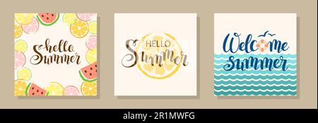 Hintergrund mit Textnachricht Hallo Sommer. Kartenset im Retro-Stil Stock Vektor