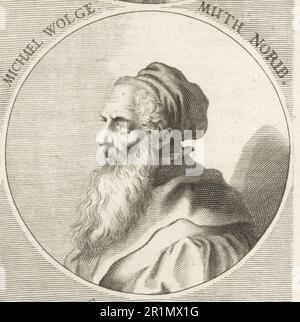 Michael Wolgemut oder Michael Wohlgemuth, deutscher Maler und Druckmacher, 1434-1519. Ich habe einen Workshop in Nürnberg geleitet, Nachhilfelehrer von Albrecht Durer. Michael Wolgemuth Norib. Copperplate-Gravur von Philipp Kilian nach einer Illustration von Joachim von Sandrart von seiner L'Academia Todesca, della Architectura, Scultura & Pittura, oder Teutsche Academie, der Edlen Bau- Bild- und Mahlerey-Kunste, Deutsche Akademie für Architektur, Skulptur und Gemälde, Jacob von Sandrart, 1675. Stockfoto