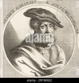 Heinrich Aldegrever, deutscher Maler, Gravierer, Zeichner, Seehundschneider und Goldschmied, einer der kleinen Meister aus Soest, Westfalen, c.1502–1561. Von einem Selbstporträt. Henrich Aldegraef A Soest. Westfalen. Copperplate-Gravur von Philipp Kilian nach einer Illustration von Joachim von Sandrart von seiner L'Academia Todesca, della Architectura, Scultura & Pittura, oder Teutsche Academie, der Edlen Bau- Bild- und Mahlerey-Kunste, Deutsche Akademie für Architektur, Skulptur und Gemälde, Jacob von Sandrart, 1675. Stockfoto