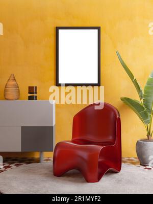 Leeres Fotorahmen-Modell hängt auf gelbem Wandhintergrund. Glasstuhl, Kunst, Poster-Display. Moderne Innenausstattung. Stockfoto