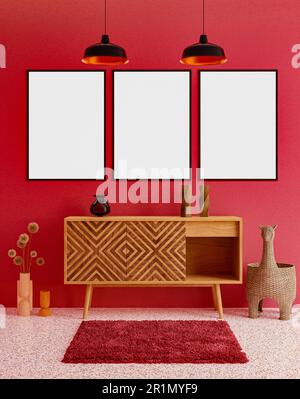 Leeres Fotorahmen-Modell hängt auf rotem Wandhintergrund. Kunst, Posterdisplay. Moderne Innenausstattung. Stockfoto
