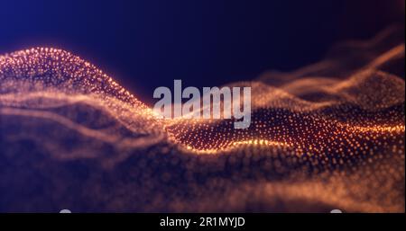 Abstrahieren gelber orangefarbener Energiewellen aus futuristischen Hightech-Partikeln mit leuchtendem Hintergrund. Stockfoto