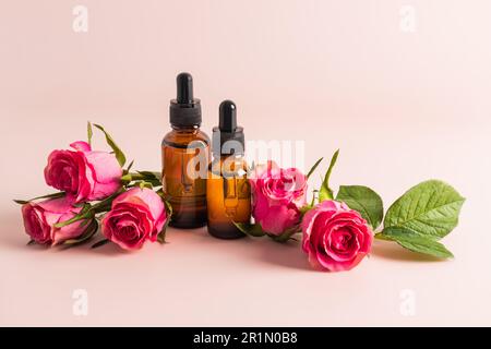 Zwei dunkle Glasflaschen mit einer Pipette mit einem kosmetischen Produkt oder Serum für eine natürliche Selbstpflege unter lebenden Rosen. Kosmetische leere Verpackung Stockfoto