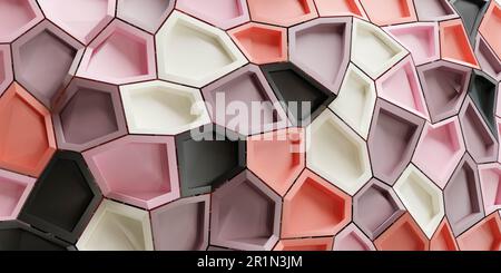 Eine strukturierte Wand aus sechseckigen Formen in Nahaufnahme der 3D-Darstellung Stockfoto