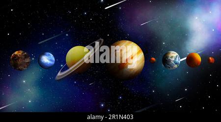 Viele verschiedene Planeten, Kometen und Sterne im offenen Raum, Illustration. Bannerdesign Stockfoto