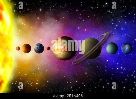 Viele verschiedene Planeten und Sterne im offenen Raum, Illustration Stockfoto