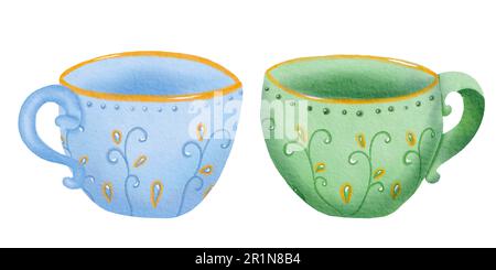 Zwei helle, gemütliche Teetassen. Grüne und blaue Teetassen mit vergoldeten Kanten. Auf dem Geschirr befinden sich Schmuck mit schicken Blumen. Isoliert von Hand gezeichnet Stockfoto