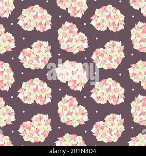 Wasserfarbenes Zeichenmuster mit schönen herzförmigen weißen und rosa Tulpen auf schwarzem Hintergrund. Handgemalte, luxuriöse Blumen. Hohe Qualität Stockfoto
