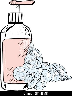 Vektordarstellung des Flüssigseifenspenders mit Pumpe und Schaum auf weißem Hintergrund. Schwarzer Umriss des Behälters mit Seifenblasen, grafische Zeichnung Stock Vektor