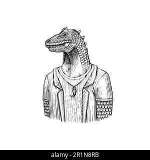 Tragen Sie einen T-rex-Dinosaurier oder einen Tyrannosaurus in einem Anzug. Teenager in einer Jacke. Tier in Jugendkleidung. Vintage-Gravur. Handgezeichnet Stock Vektor