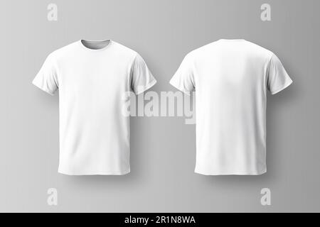 Modell weißes Herren-T-Shirt-Template, von zwei Seiten, natürliche Form auf unsichtbarer Schaufensterpuppe, für dein Design-Modell für den Druck, auf grauem Hintergrund. Stockfoto