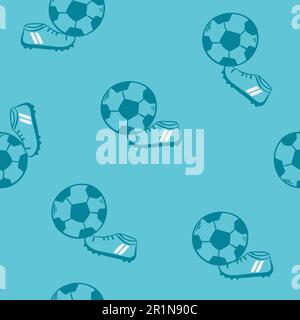 Nahtloses Muster mit Fußballbällen auf einem grünen Feld. Handgezeichnete Fußballbälle und gestreiftes Rasenfeld. Vektordarstellung für die Konstruktion von s. Stock Vektor