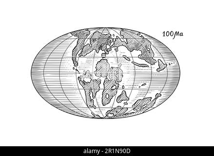 Plattentektonik auf dem Planeten Erde. Pangaea. Kontinentale Drift. Superkontinent bei 100 Ma. Die Ära der Dinosaurier. Jurassezeit. Mesozoisch. Handgezeichnet Stock Vektor