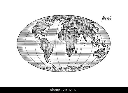 Plattentektonik auf dem Planeten Erde. Pangaea. Kontinentale Drift. Superkontinent. Handgezeichnete Skizze für die Typographie. Vintage-Gravur. Stock Vektor