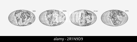 Plattentektonik auf dem Planeten Erde. Pangaea. Kontinentale Drift. Superkontinent bei 250 Ma. Die Ära der Dinosaurier. Jurassezeit. Mesozoisch. Handgezeichnet Stock Vektor