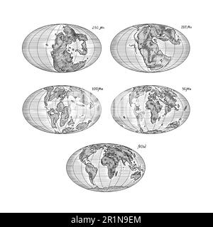 Plattentektonik auf dem Planeten Erde. Pangaea. Kontinentale Drift. Superkontinent bei 250 Ma. Die Ära der Dinosaurier. Jurassezeit. Mesozoisch. Handgezeichnet Stock Vektor