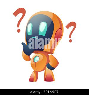 Chatbot mit Fragezeichen, durchdachter Kundensupport für häufig gestellte fragen zu Robotern, Beantwortung von Fragen und Online-Beratung. Zukünftige Innovation, digitale Technologie mit künstlicher Intelligenz, Cartoon-Vektordarstellung Stock Vektor