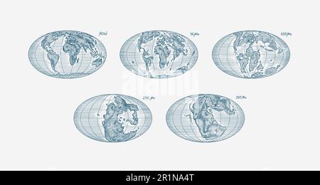 Plattentektonik auf dem Planeten Erde. Pangaea. Kontinentale Drift. Superkontinent bei 250 Ma. Die Ära der Dinosaurier. Jurassezeit. Mesozoisch. Handgezeichnet Stock Vektor