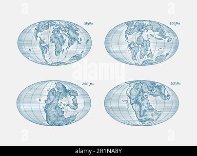 Plattentektonik auf dem Planeten Erde. Pangaea. Kontinentale Drift. Superkontinent bei 250 Ma. Die Ära der Dinosaurier. Jurassezeit. Mesozoisch. Handgezeichnet Stock Vektor