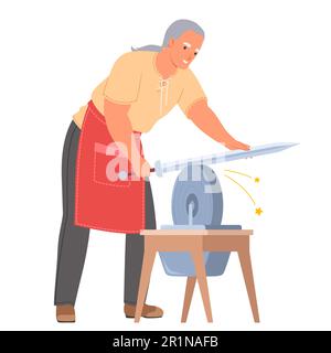 Schmied schärft Schwert auf Schleifstein in der Werkstatt Stock Vektor