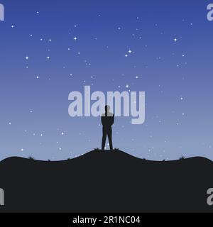 Ein Mann steht allein auf einem Hügel bei Nacht, Vektorbildungs-Hintergrunddesign-Vorlage Stock Vektor